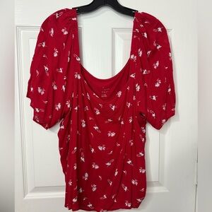 Red Floral Short Sleeve Blouse